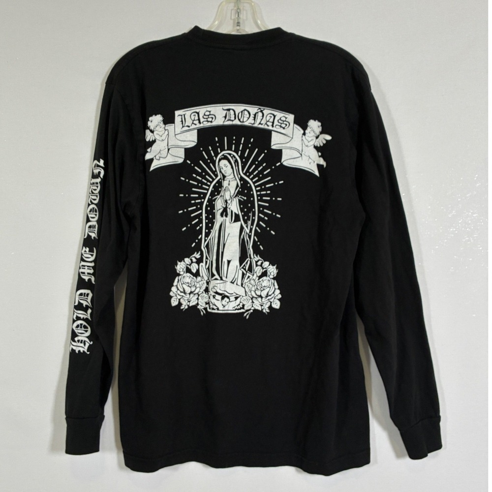 Bella Doña Mens L Black Las Doñas Virgin Mary Graphic Long Sleeve T-Shirt